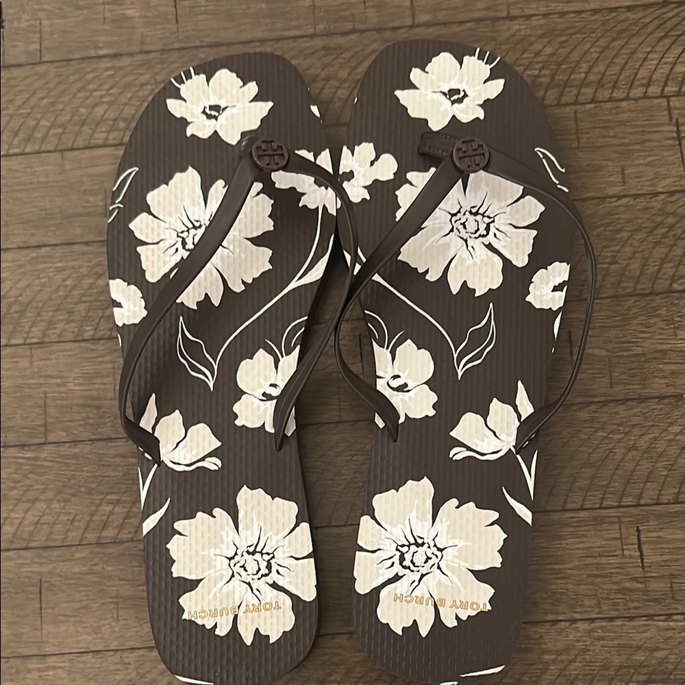Tory Burch Brown and White Floral Sandals